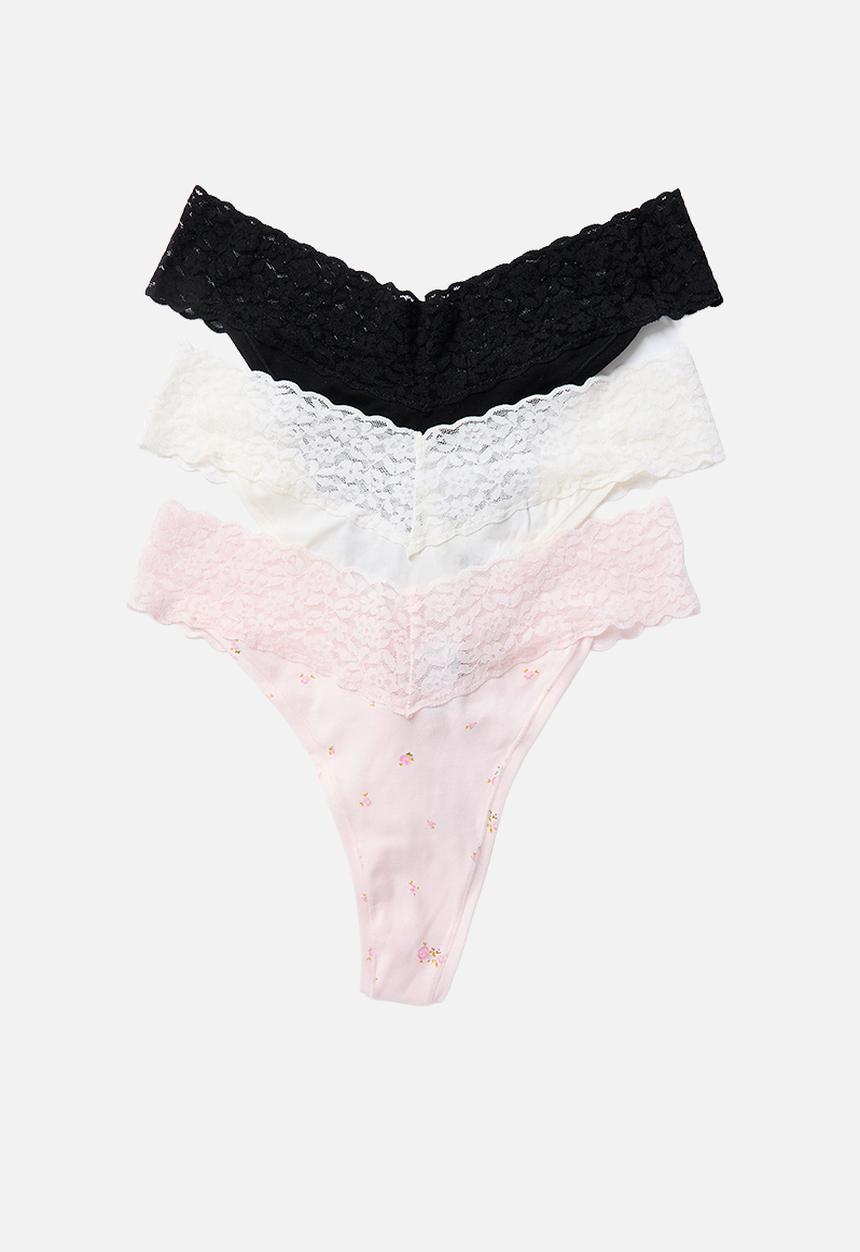H&M - 3-Pack cotton and lace thong briefs - light pink/floral