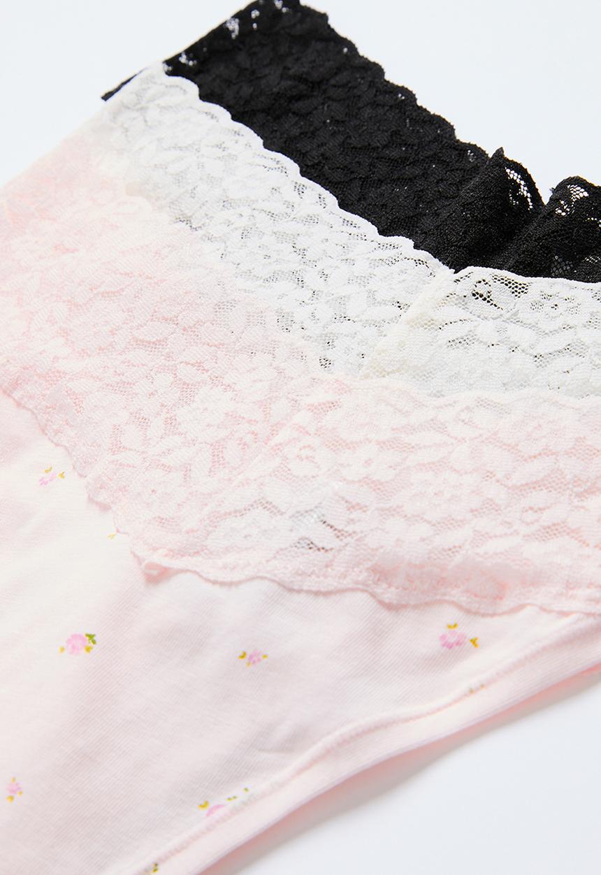 H&M - 3-Pack cotton and lace thong briefs - light pink/floral