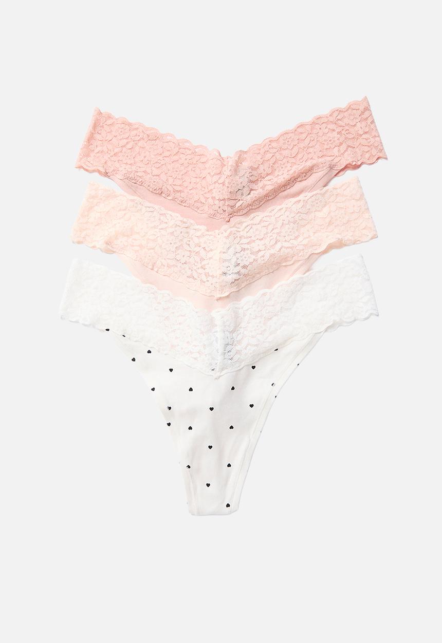 H&M - 3-Pack cotton and lace thong briefs - light pink/hearts