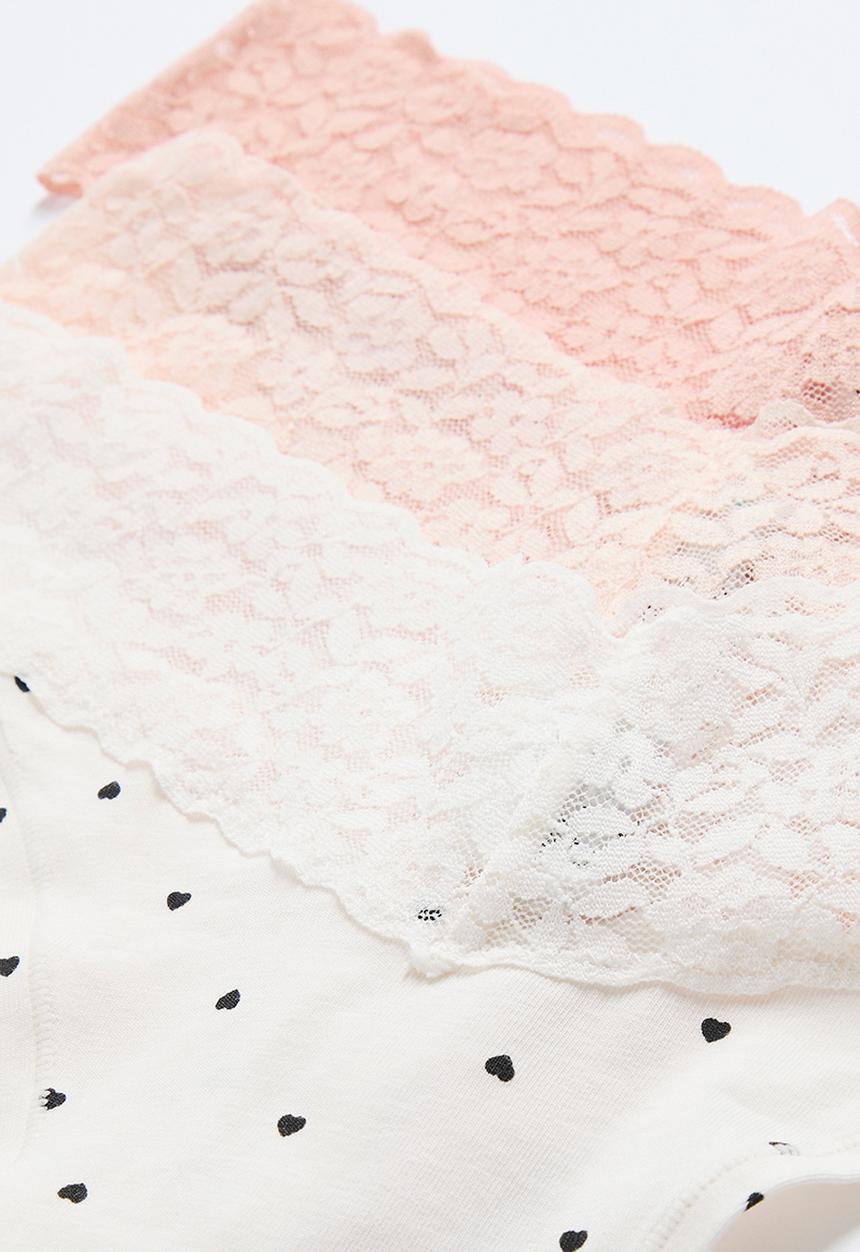 H&M - 3-Pack cotton and lace thong briefs - light pink/hearts