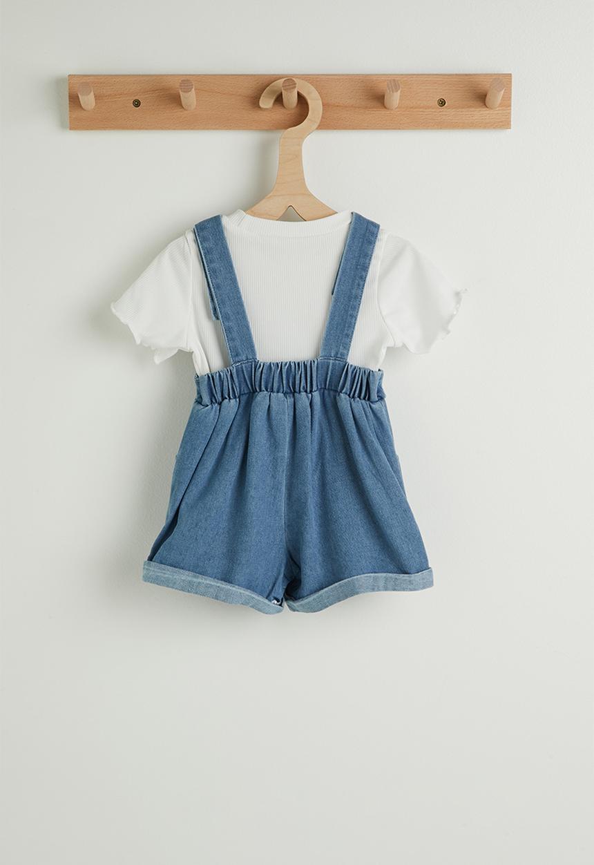 Pop Candy - Tee with cherry embroidered dungarees - white/blue