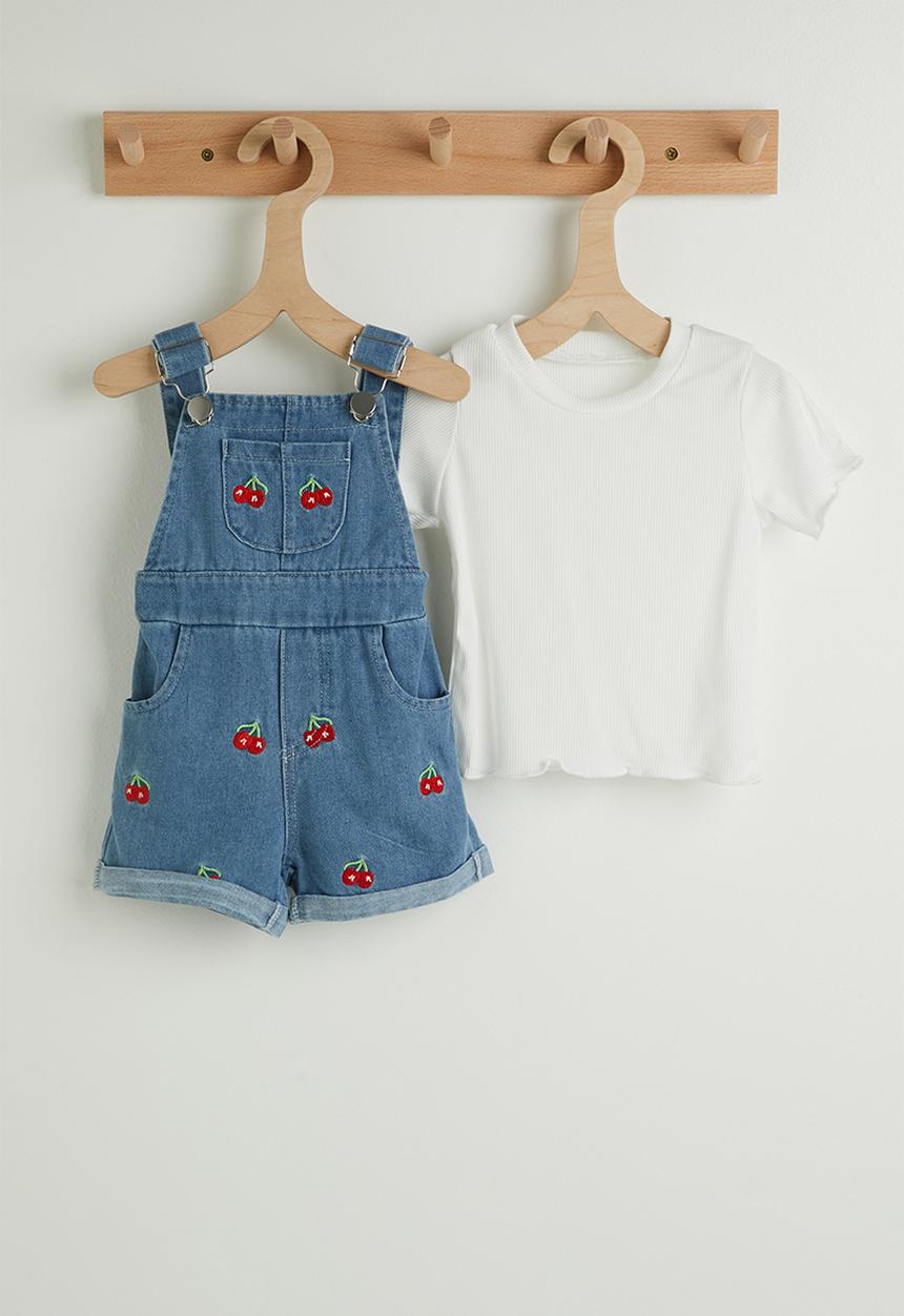 Pop Candy - Tee with cherry embroidered dungarees - white/blue
