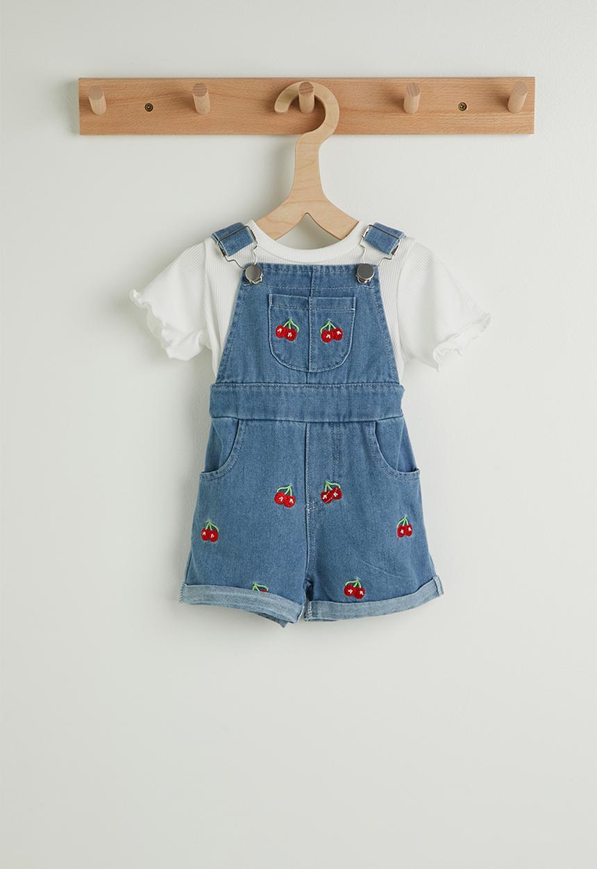 Pop Candy - Tee with cherry embroidered dungarees - white/blue