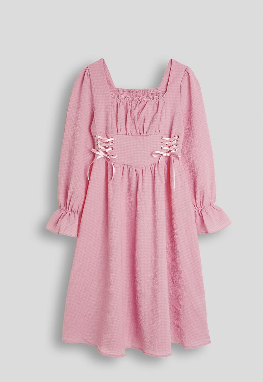Pop Candy - Ruched bust dress with silk lace-up detail - pink