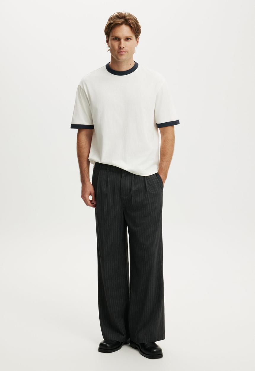 Cotton On - Super Baggy Pleated Pant - Dark Charcoal Pinstripe