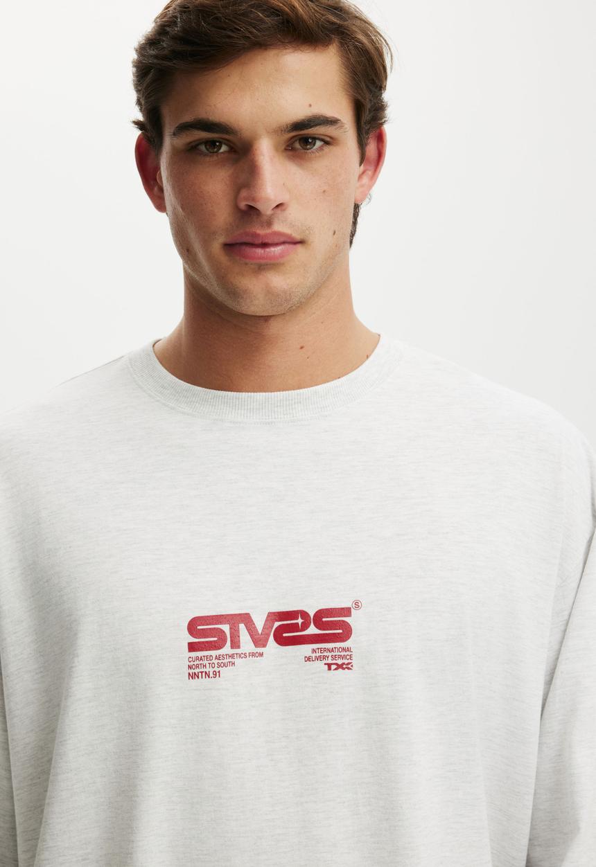 Cropped Fit Graphic Long Sleeve T-Shirt - White Marle / Stvrs