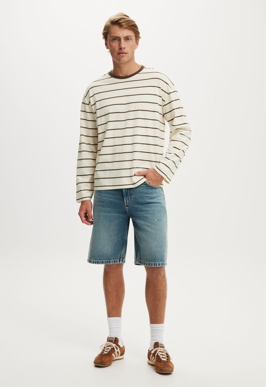Cotton On - Cropped Fit Long Sleeve - Creampuff/Ashen Brown Stripe 