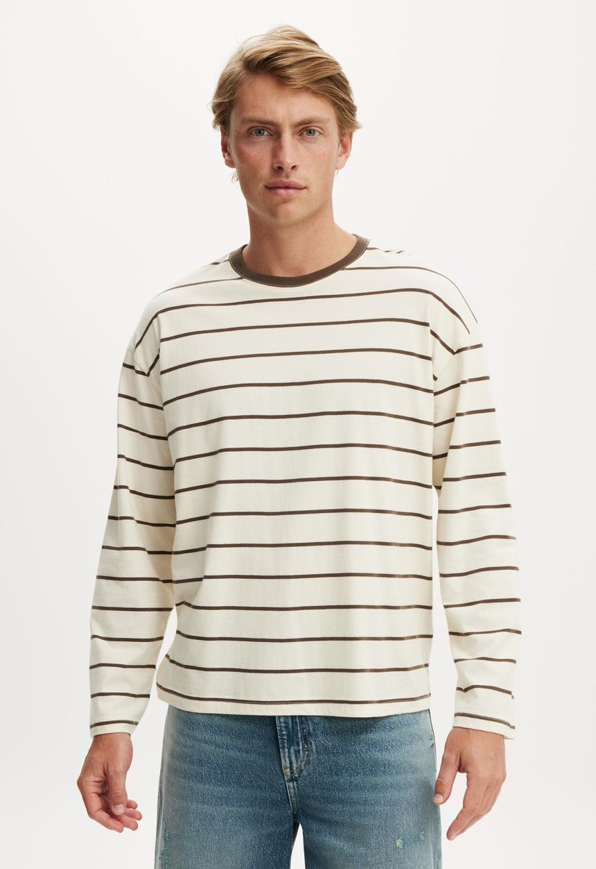 Cotton On - Cropped Fit Long Sleeve - Creampuff/Ashen Brown Stripe 