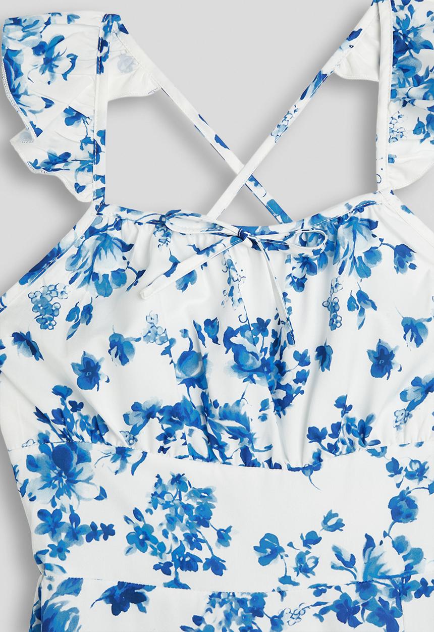Pop Candy - Butterfly sleeve summer dress with back tie detail - white/floral aop