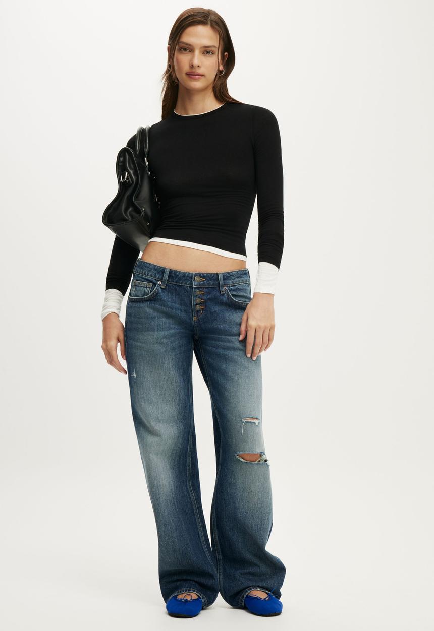 Cotton On - Low Rise Straight Jean - Grazed Blue Ripped