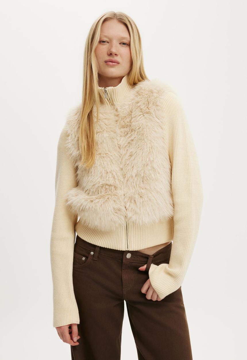 Cotton On - Faux fur knit jacket - cream