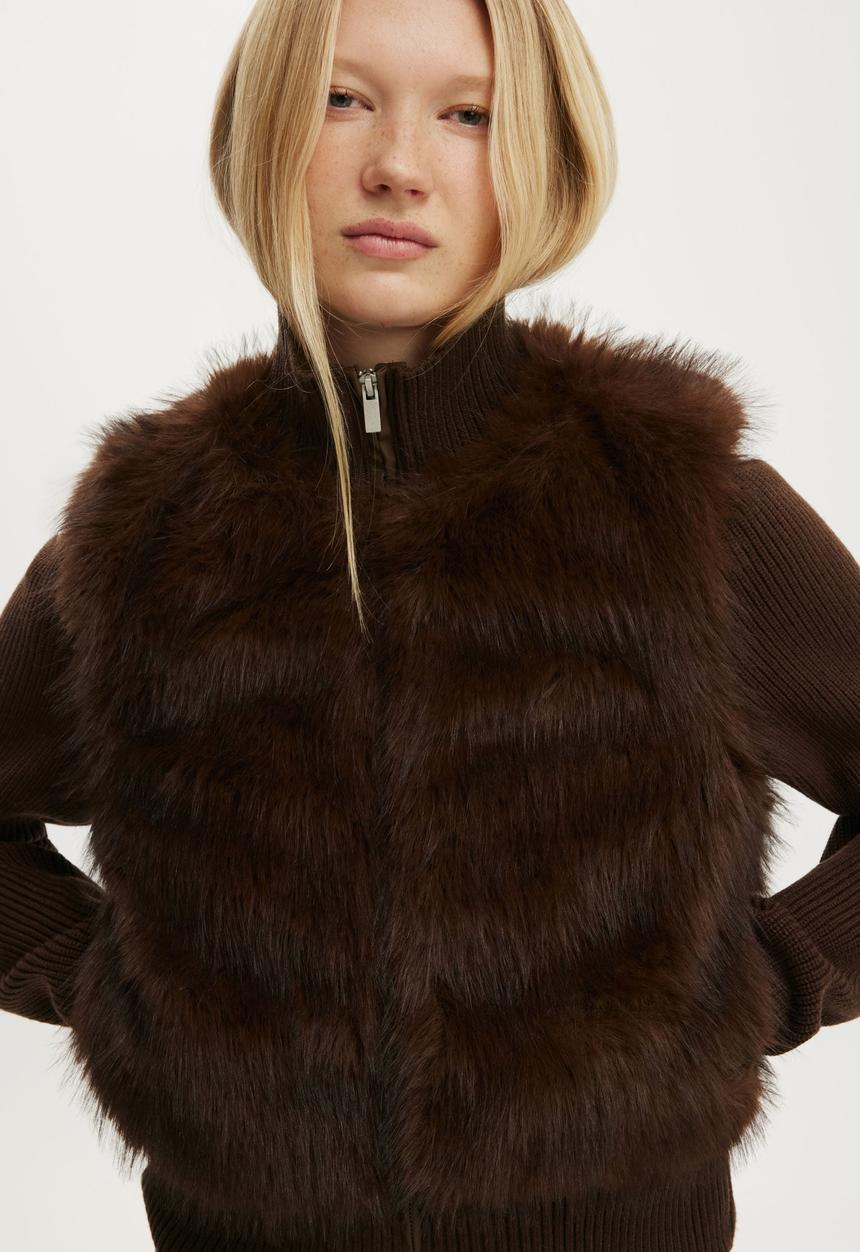Cotton On - Faux fur knit jacket - chocolate brown