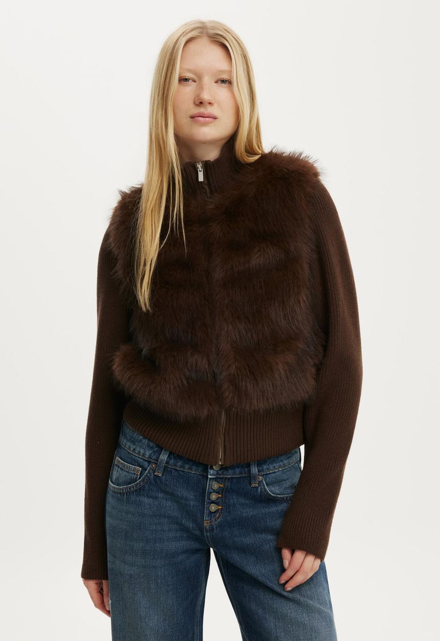 Cotton On - Faux fur knit jacket - chocolate brown