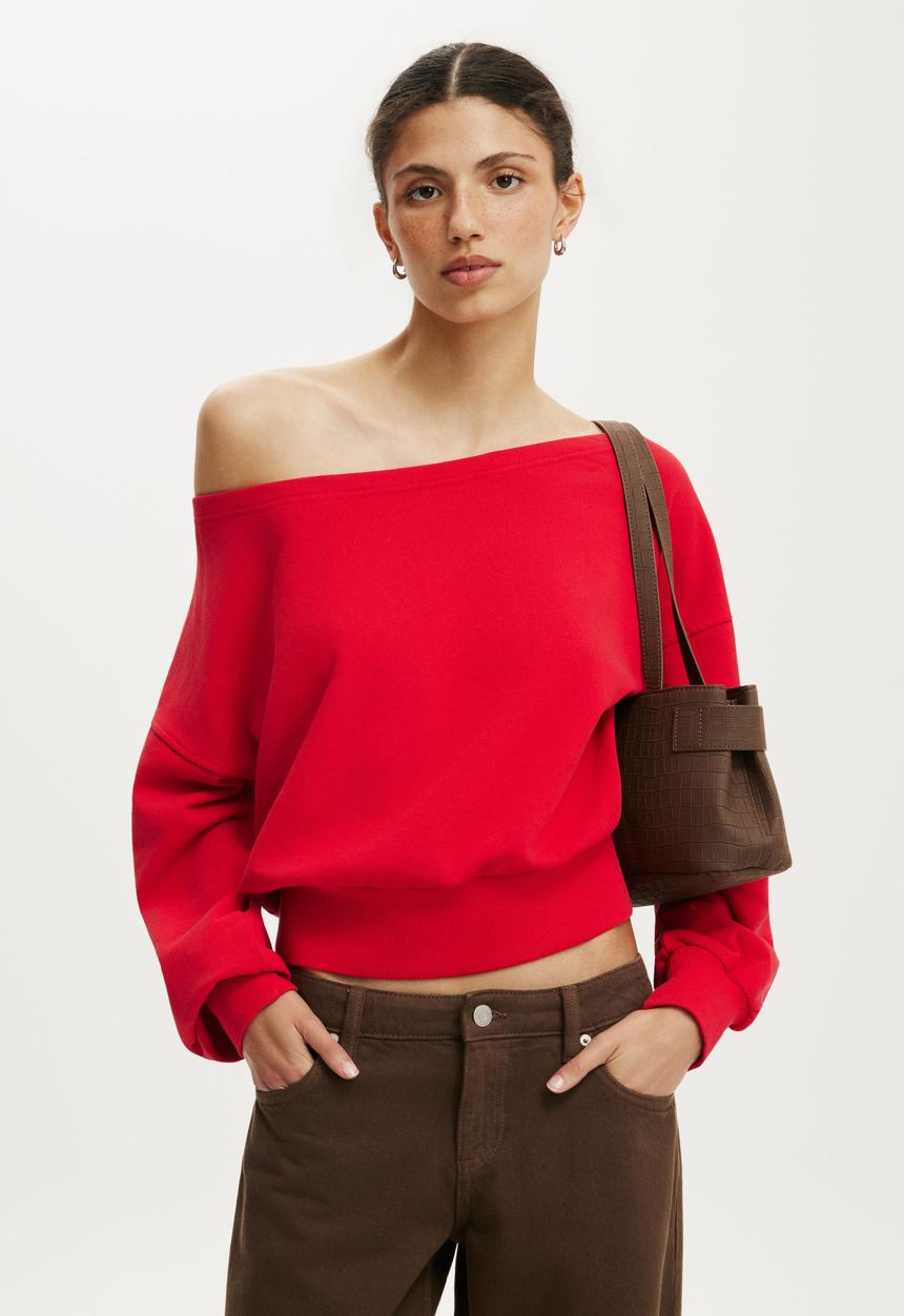 Cotton On - Relaxed Off Shoulder Sweatshirt - Washed Red Petal
