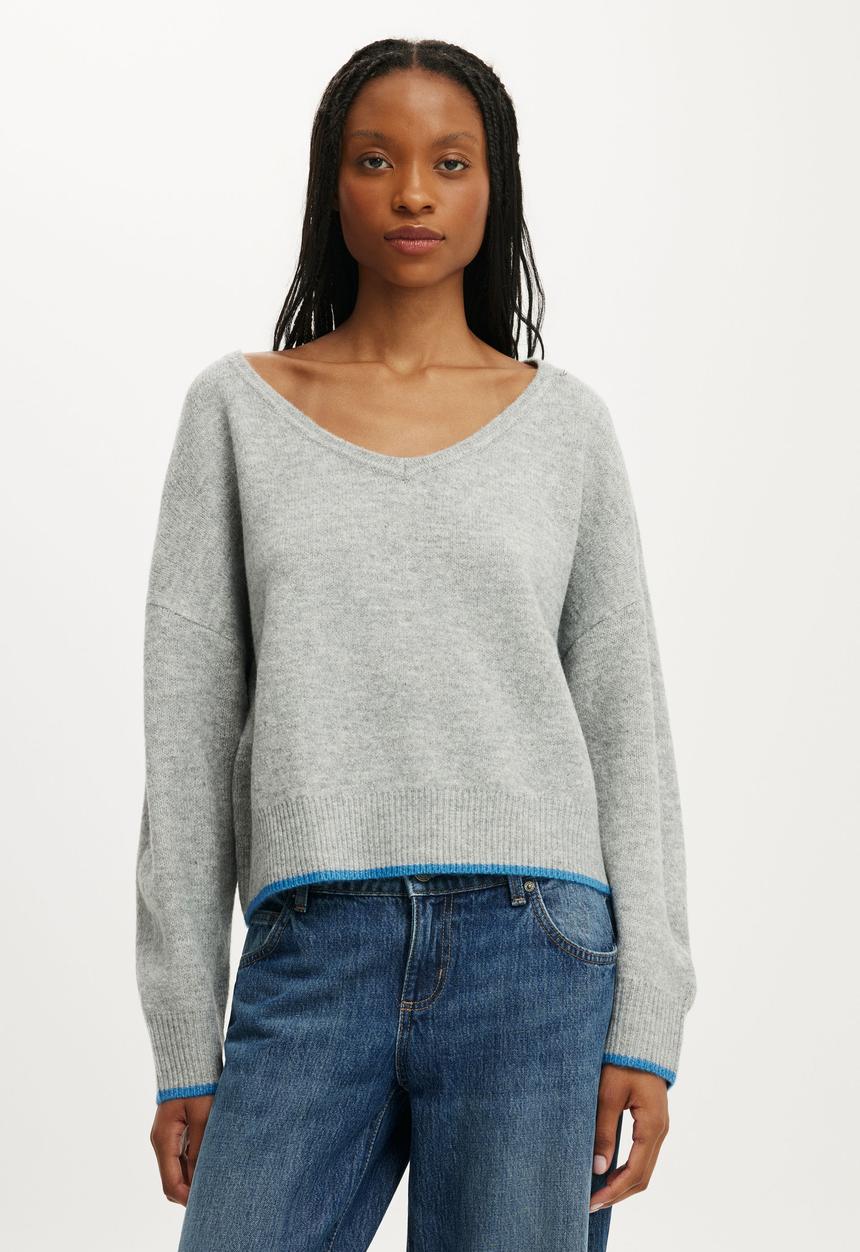 Cotton On - Luxe V Neck Knit - Grey Marle/Blue Tipping