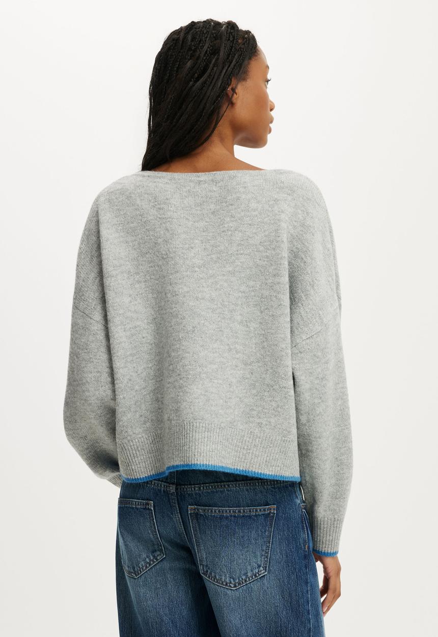 Cotton On - Luxe V Neck Knit - Grey Marle/Blue Tipping