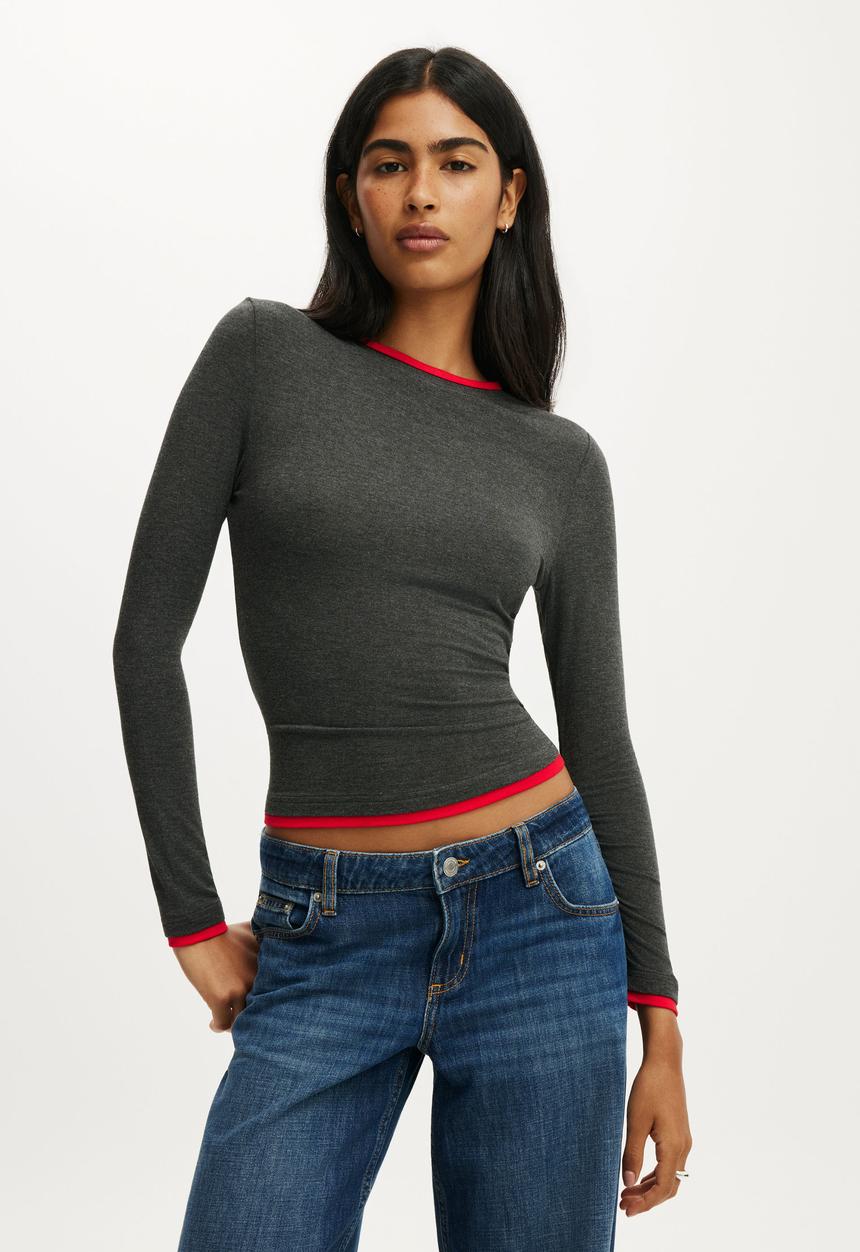 Cotton On - Double Layer Long Sleeve - Charcoal Marle/Red Petal