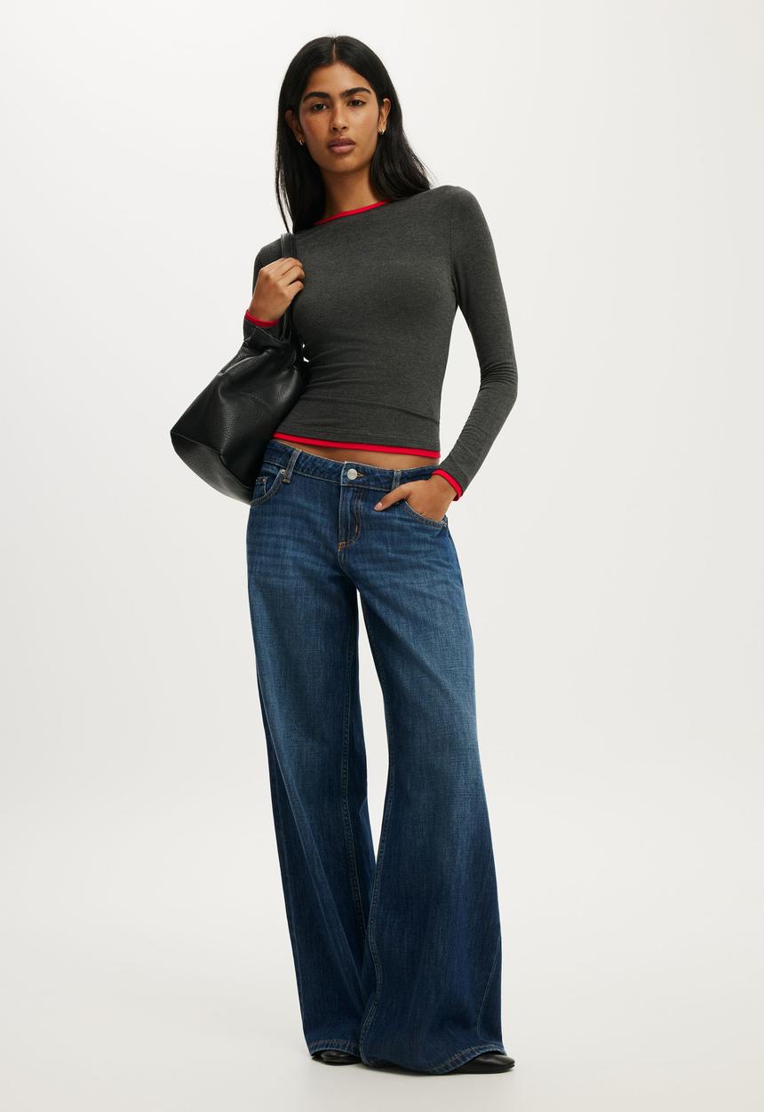 Cotton On - Double Layer Long Sleeve - Charcoal Marle/Red Petal