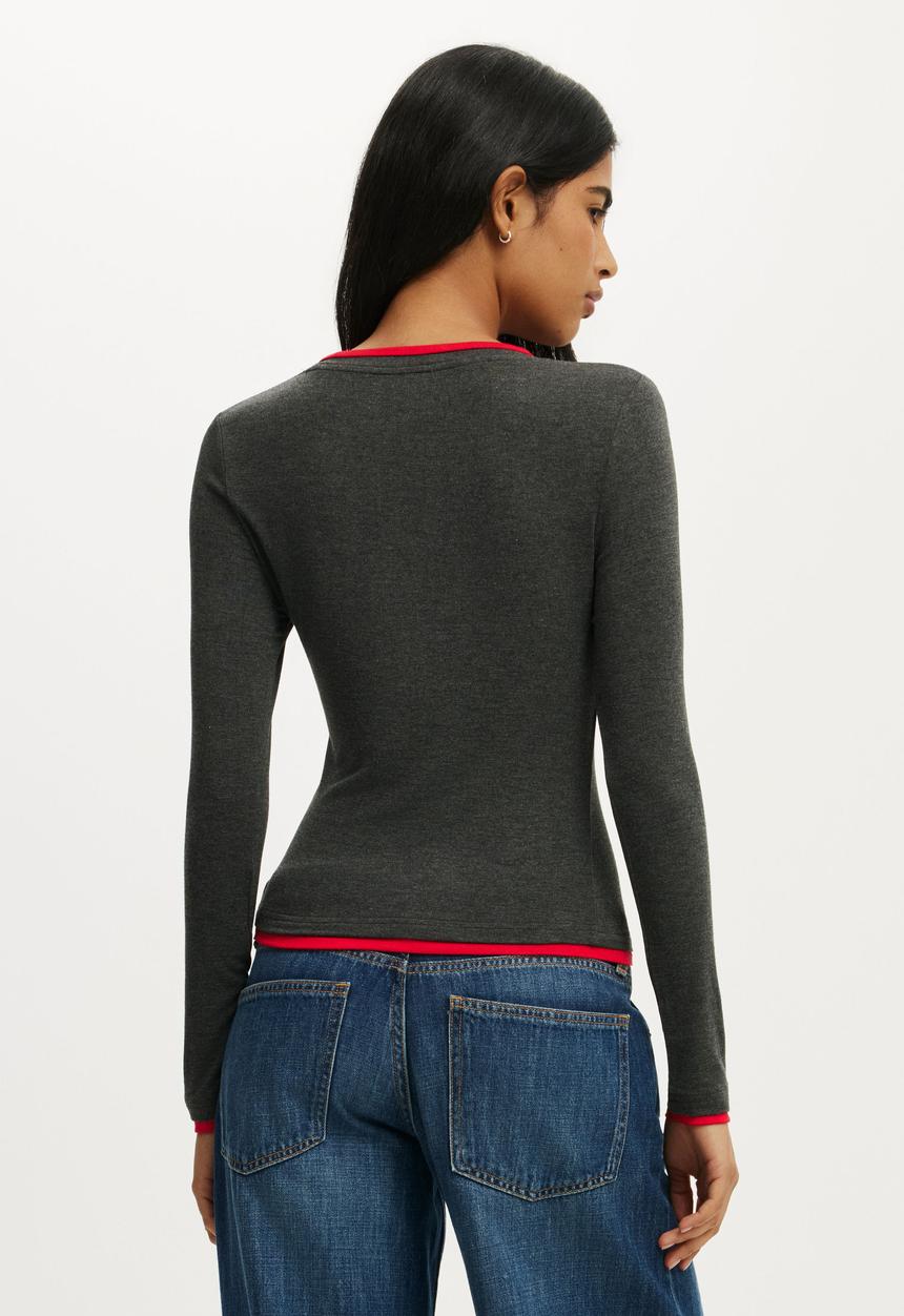 Cotton On - Double Layer Long Sleeve - Charcoal Marle/Red Petal
