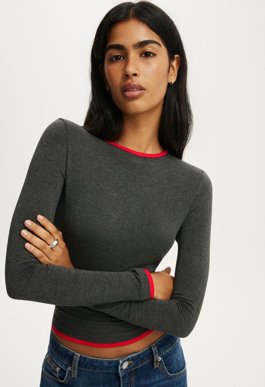 Cotton On - Double Layer Long Sleeve - Charcoal Marle/Red Petal