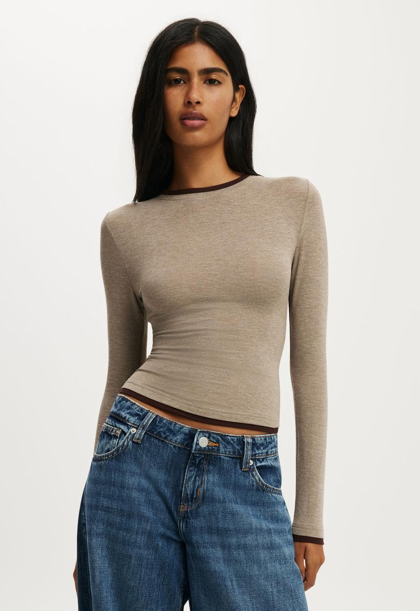 Cotton On - Double Layer Long Sleeve - Acorn Marle/Dark Oak