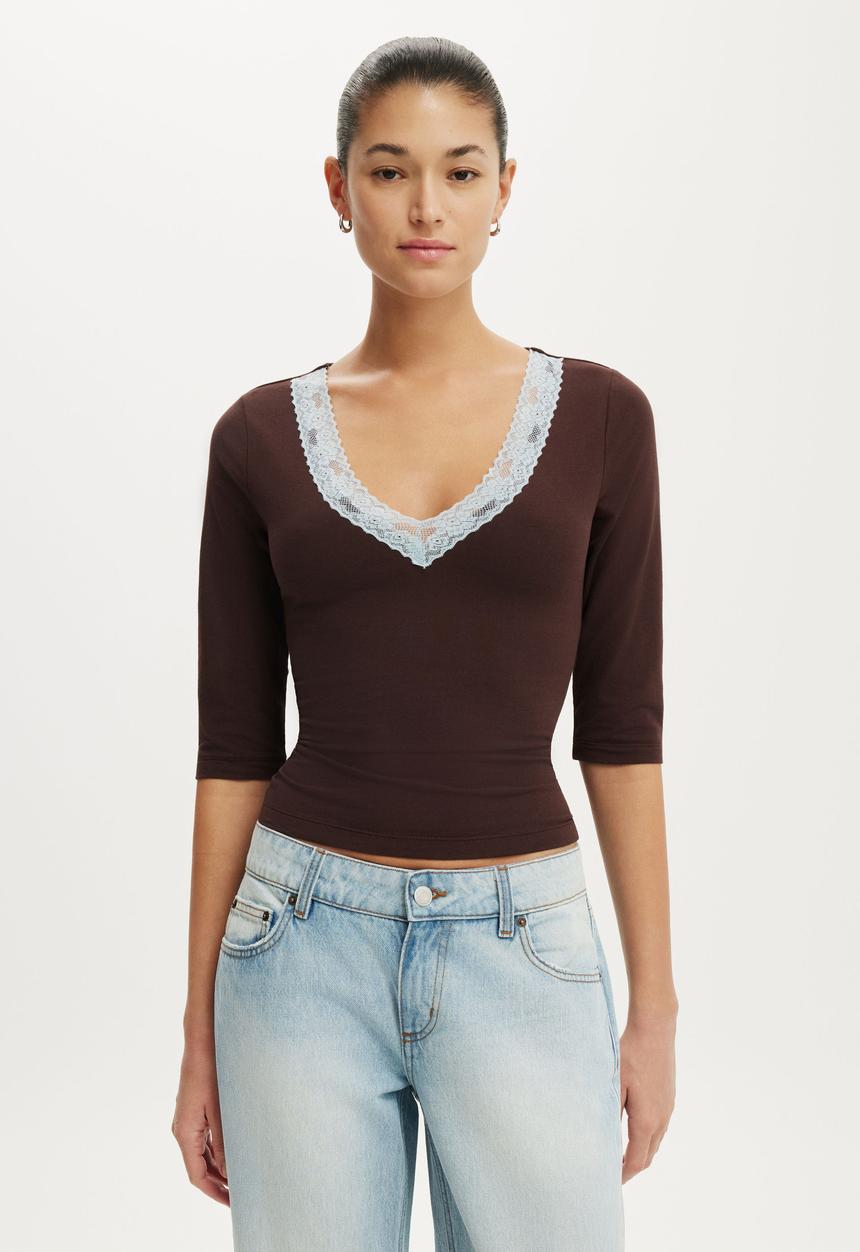 Cotton On - Eva Lace 3/4 Top - Dark Oak