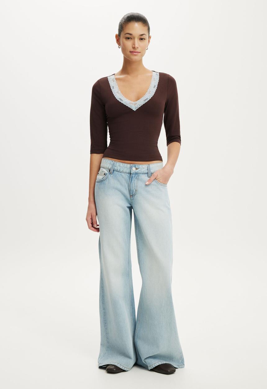 Cotton On - Eva Lace 3/4 Top - Dark Oak