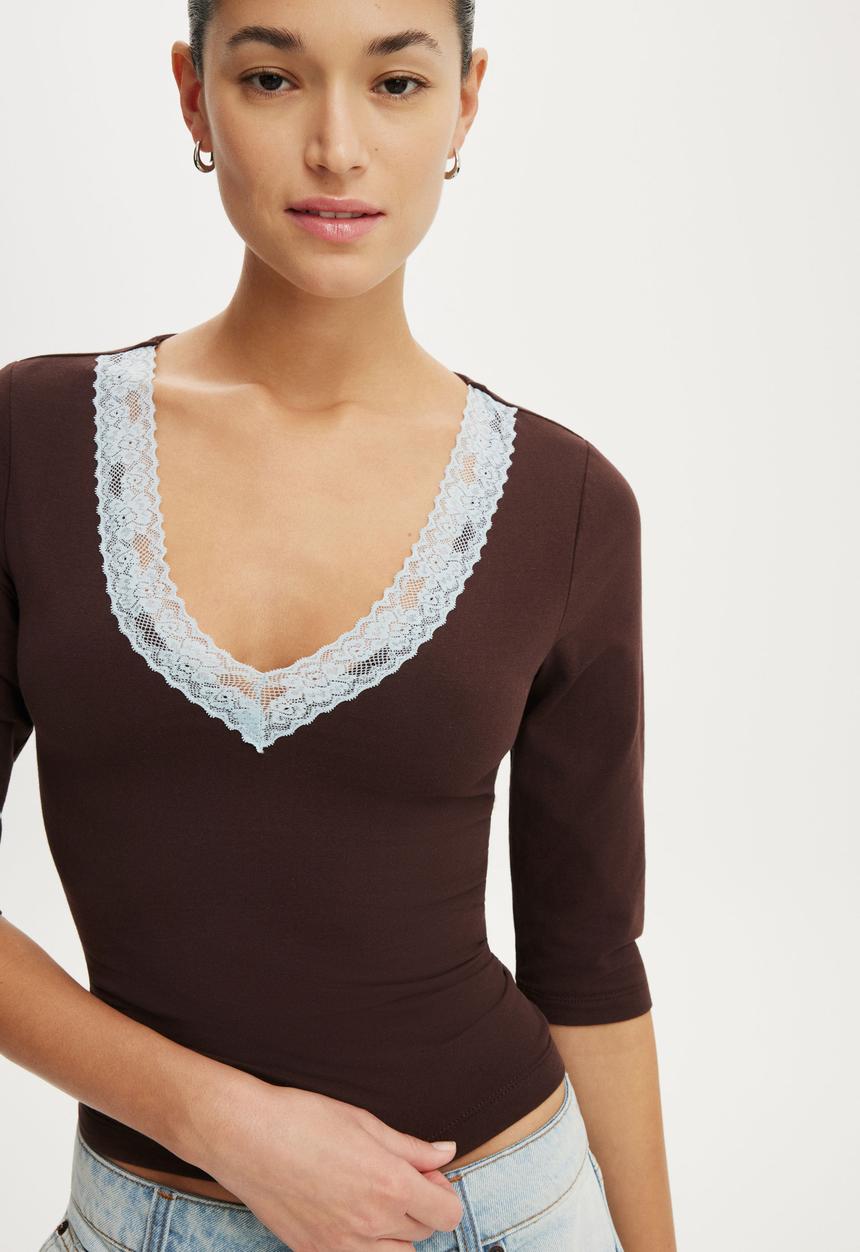 Cotton On - Eva Lace 3/4 Top - Dark Oak