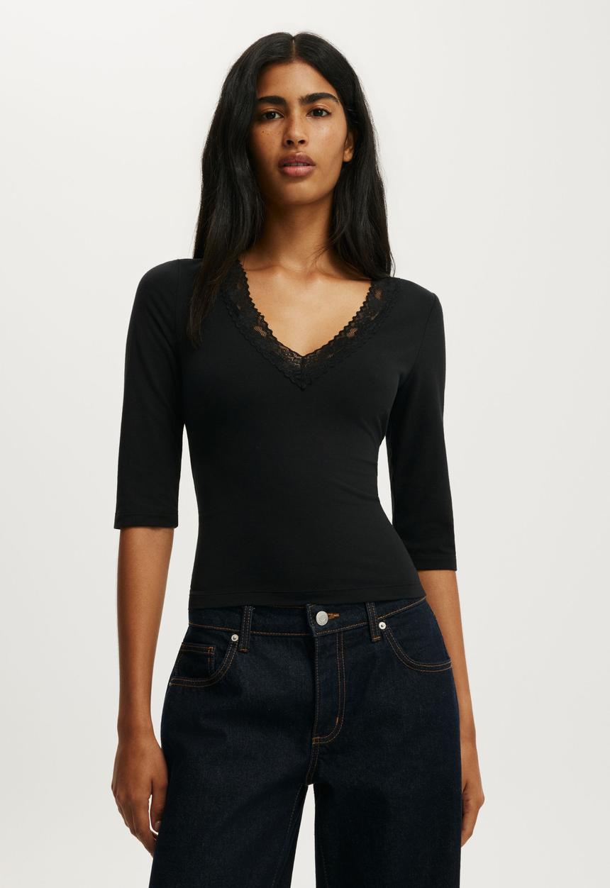 Cotton On - Eva Lace 3/4 Top - Black