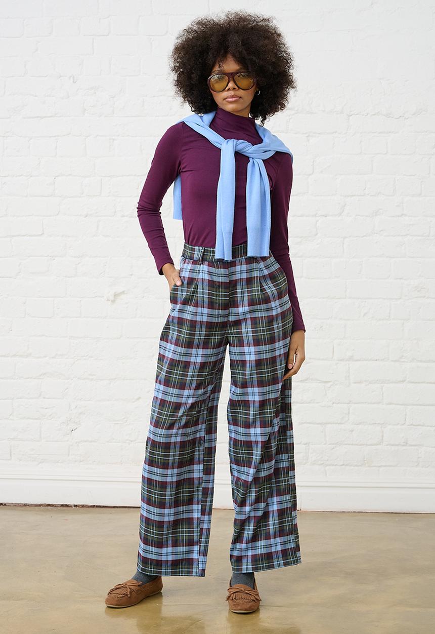 Me&B - Check Straight Leg Trousers - Burg/Green