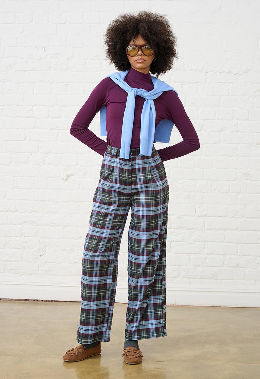 Me&B - Check Straight Leg Trousers - Burg/Green