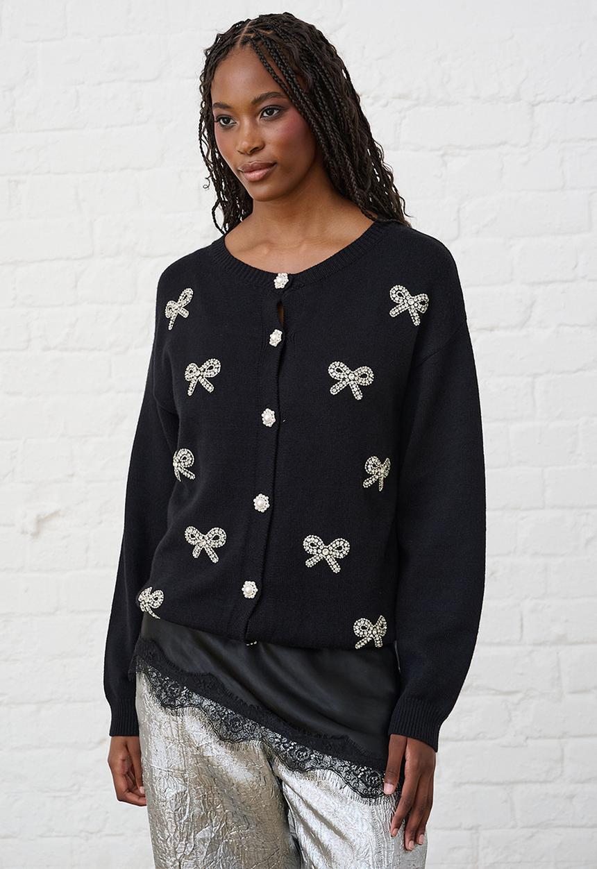 Me&B - Heavyweight Cardigan in 3D Bows - Black