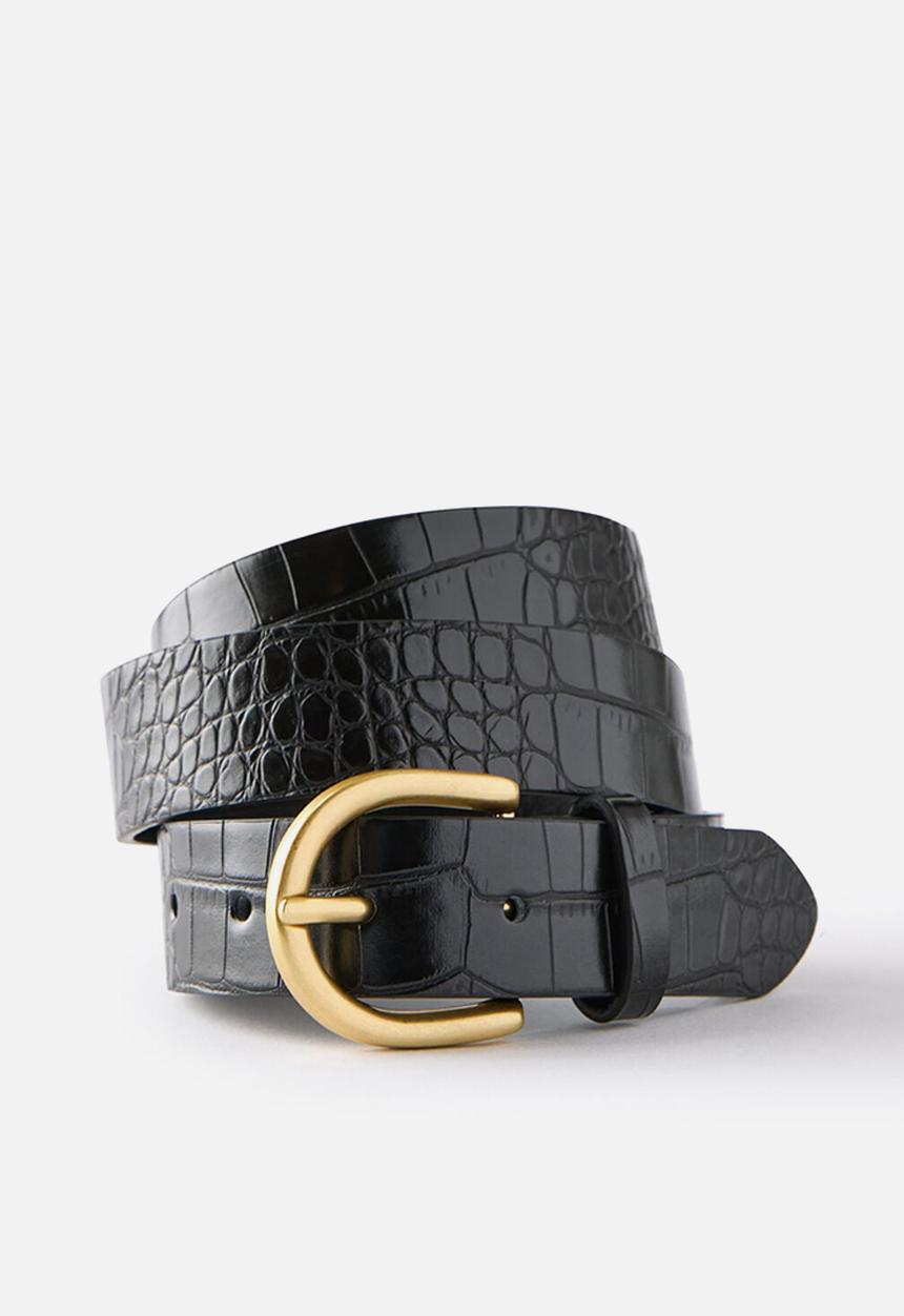 Cotton On - Croc Embossed Belt - Black/Brushed Gold