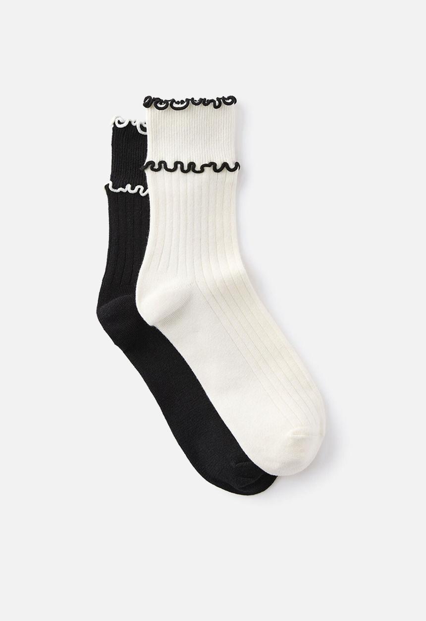 Cotton On - The perfect pair double frill rib crew sock 2 pack - pearl/black