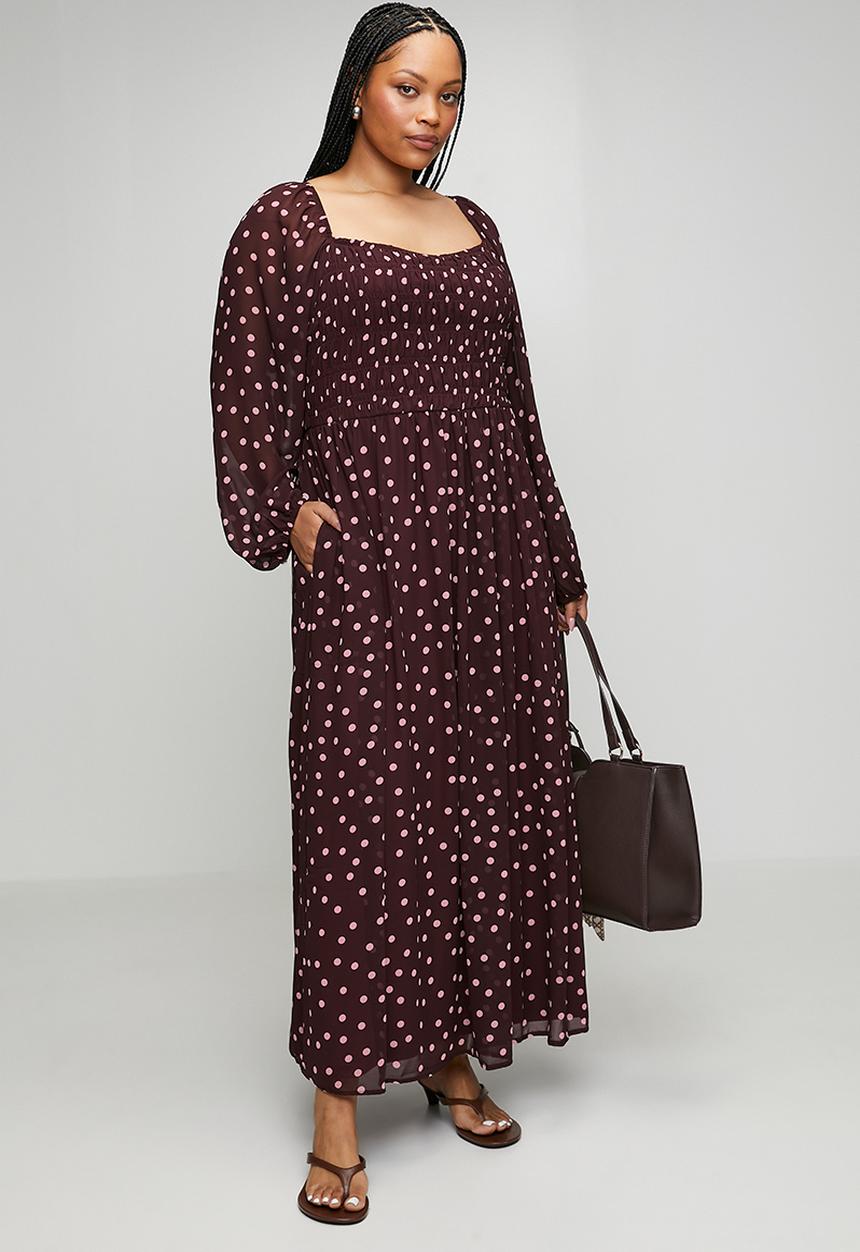 Me&B - Plus Shirred Georgette Maxi -  Burgundy & Pink