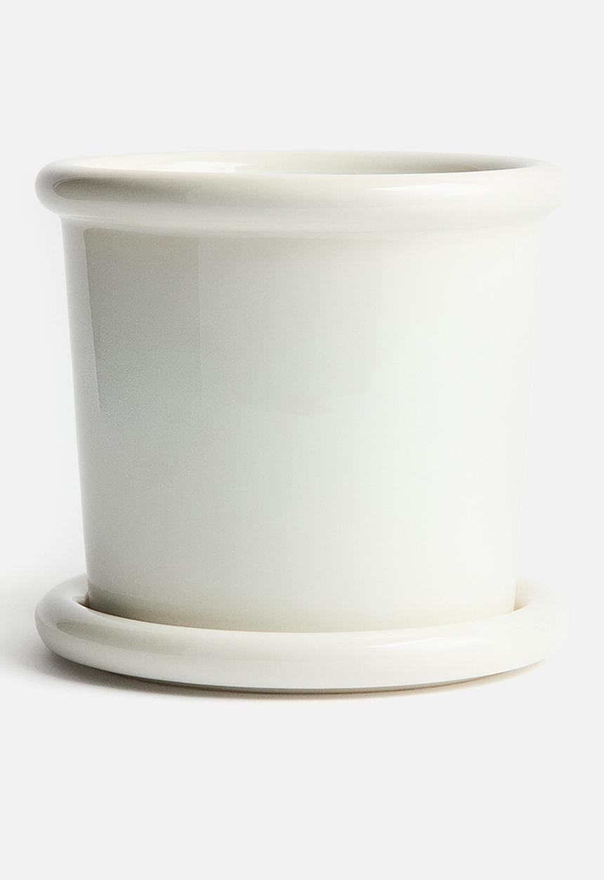 H&M - Large stoneware plant pot with saucer - white