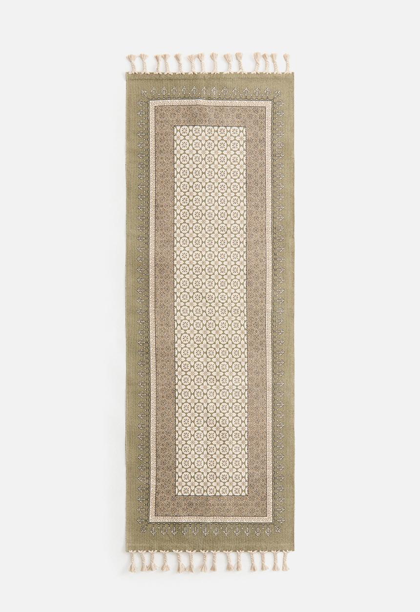 H&M - Fringed cotton runner rug - olive green/patterned