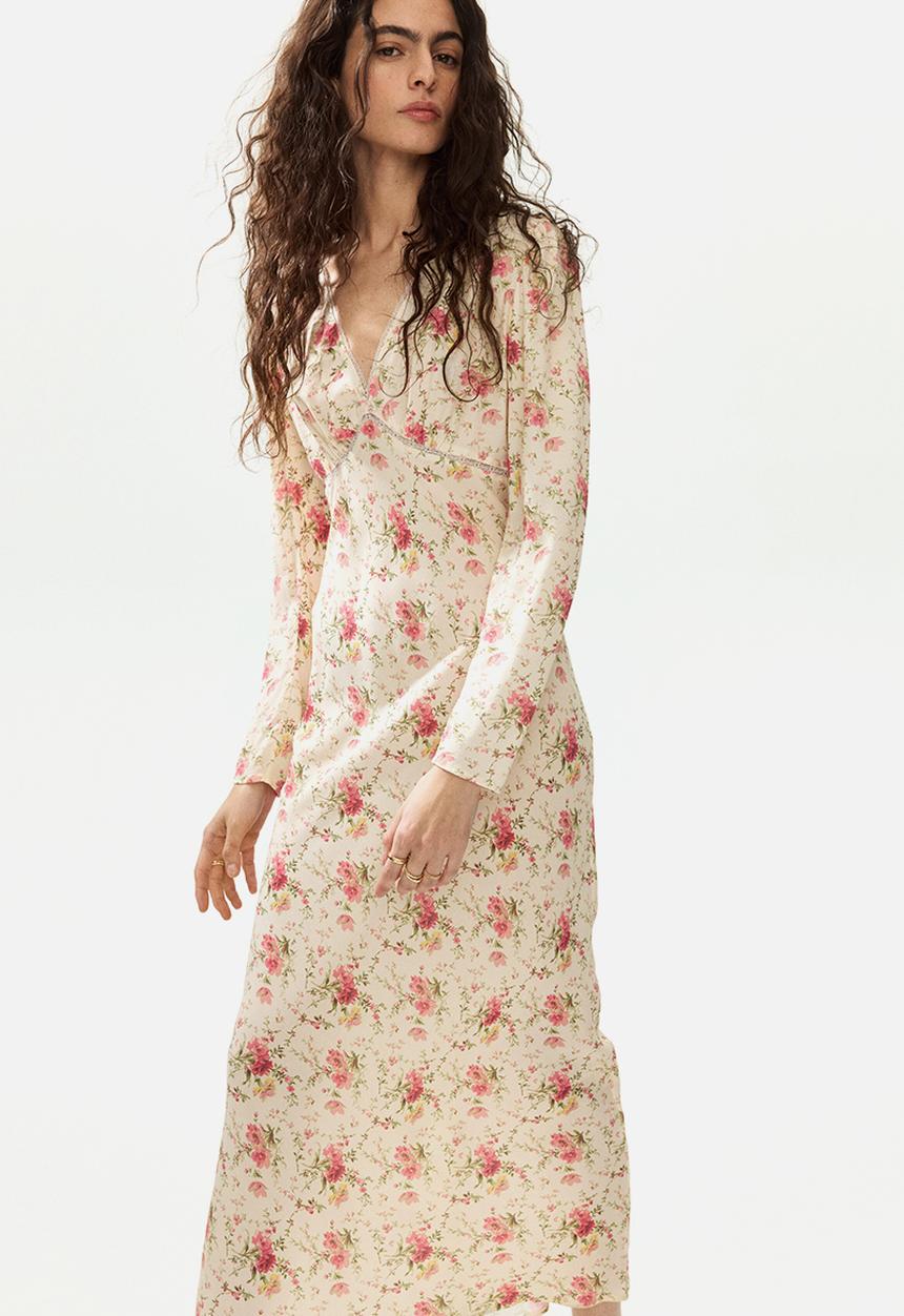 H&M - Long-sleeved viscose dress - light yellow/floral