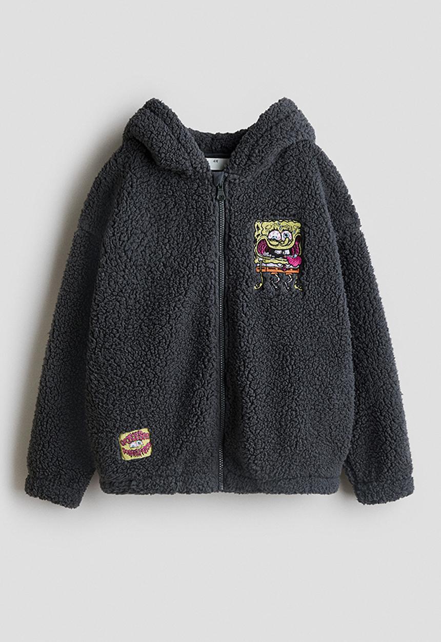 H&M - Teddy zip-through hoodie - dark grey/spongebob