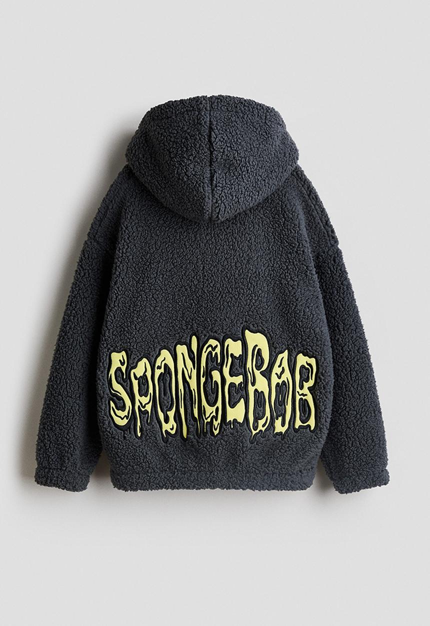 H&M - Teddy zip-through hoodie - dark grey/spongebob
