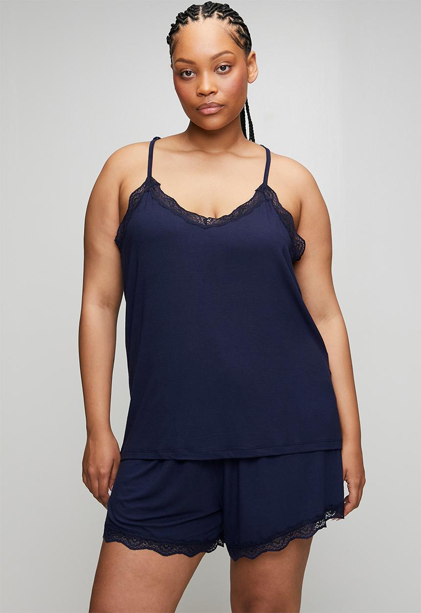 Trendyol - Plus Strap Knitted Lace Detail Pajamas Set - Navy Blue