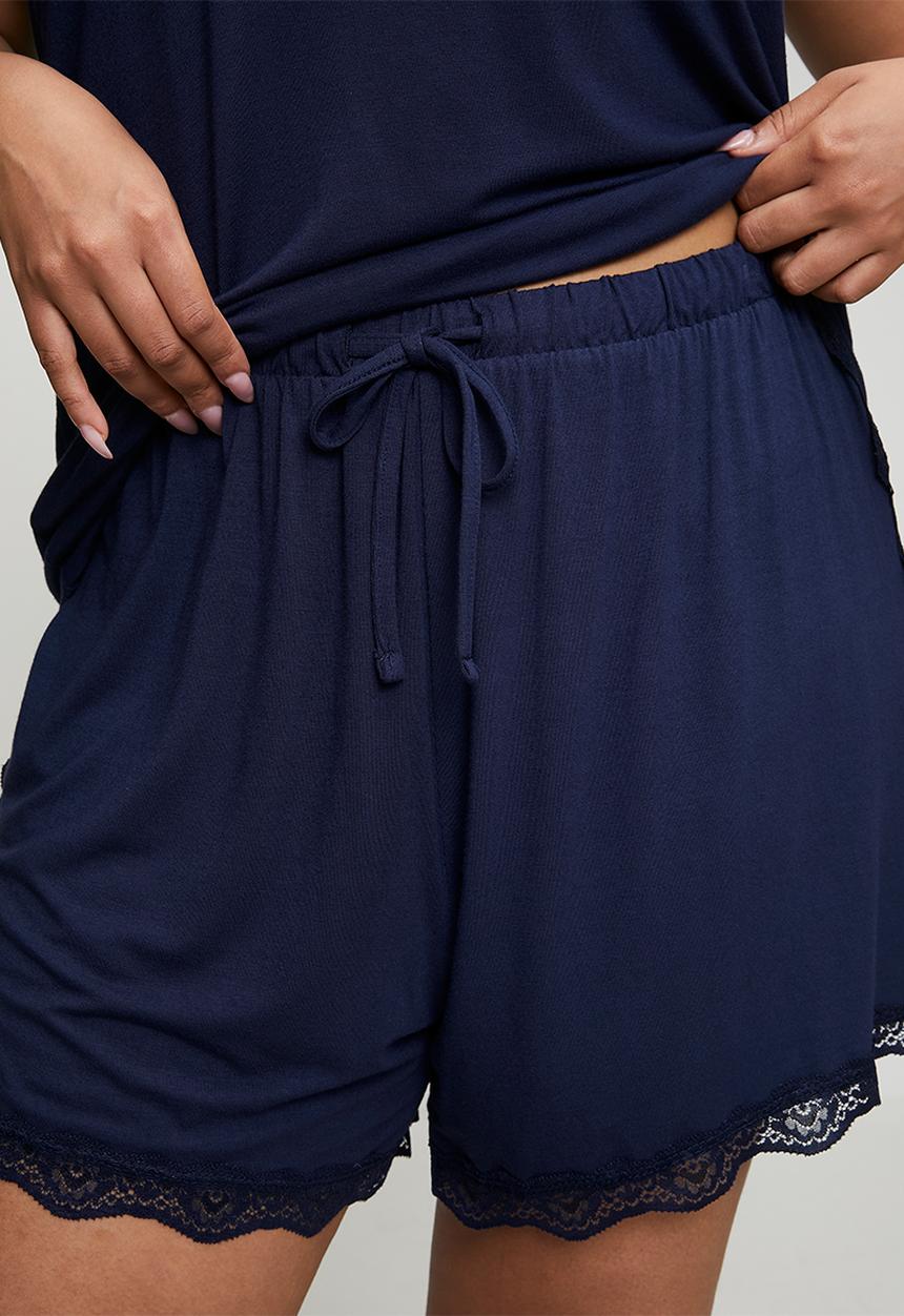 Trendyol - Plus Strap Knitted Lace Detail Pajamas Set - Navy Blue