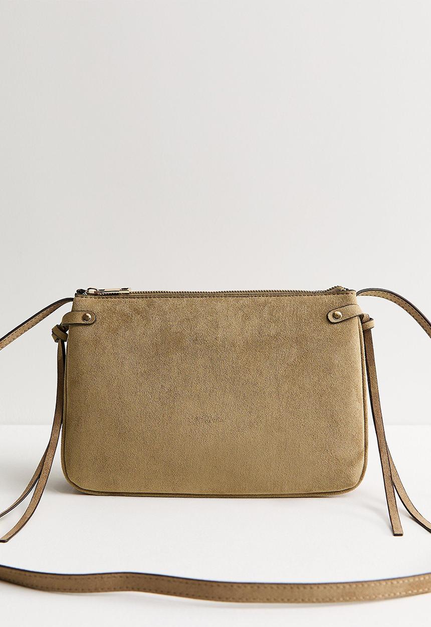 New Look - Faux Suede Triple Compartment Crossbody Bag - Mink