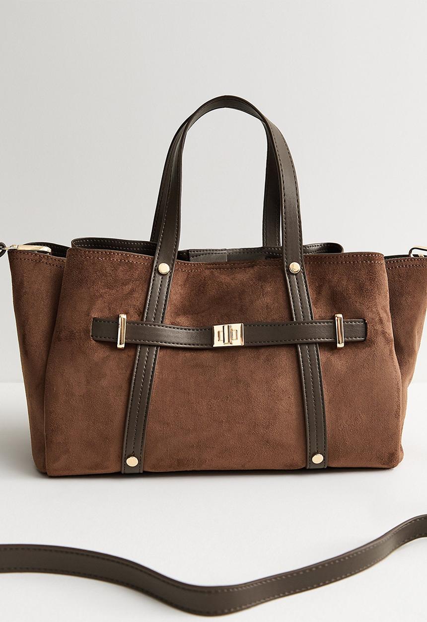 New Look - Faux Suede Triple Compartment Tote Bag - Dark Brown