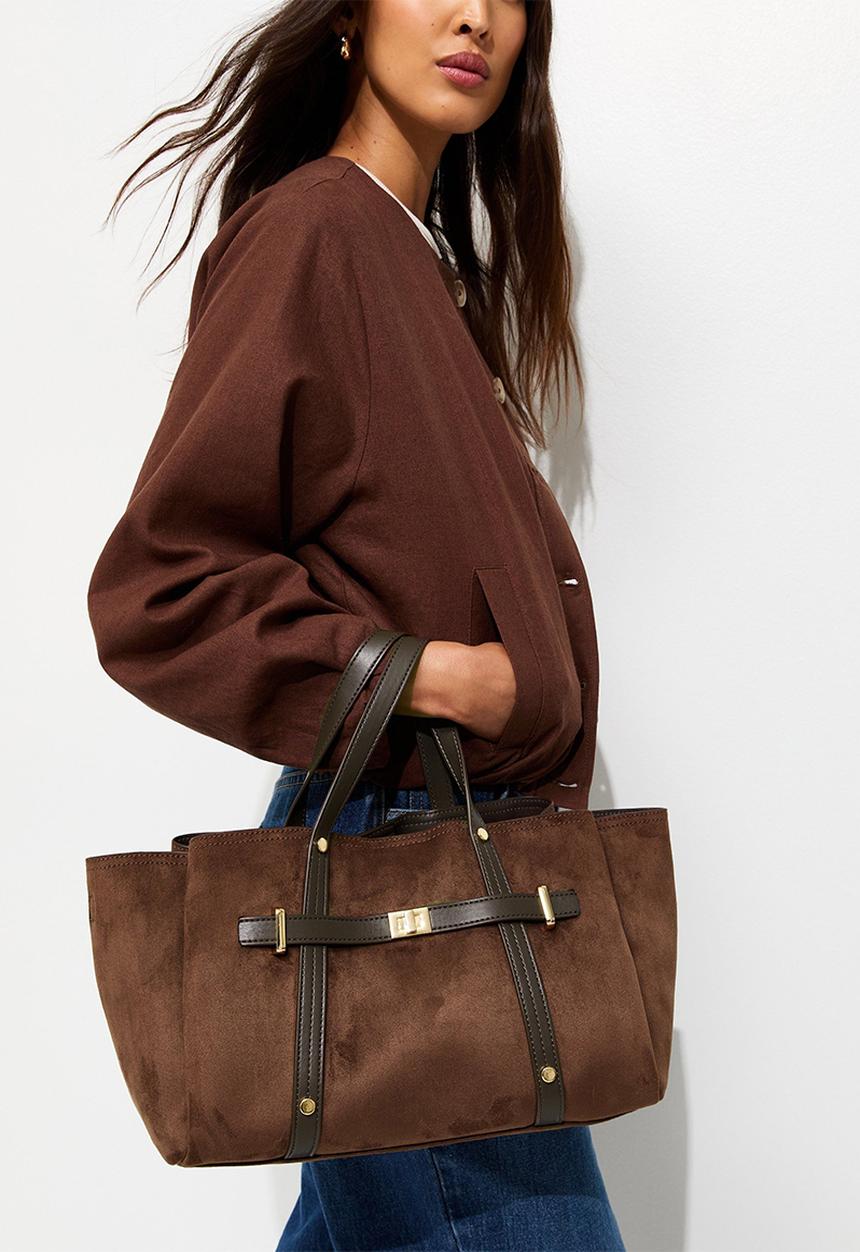 New Look - Faux Suede Triple Compartment Tote Bag - Dark Brown