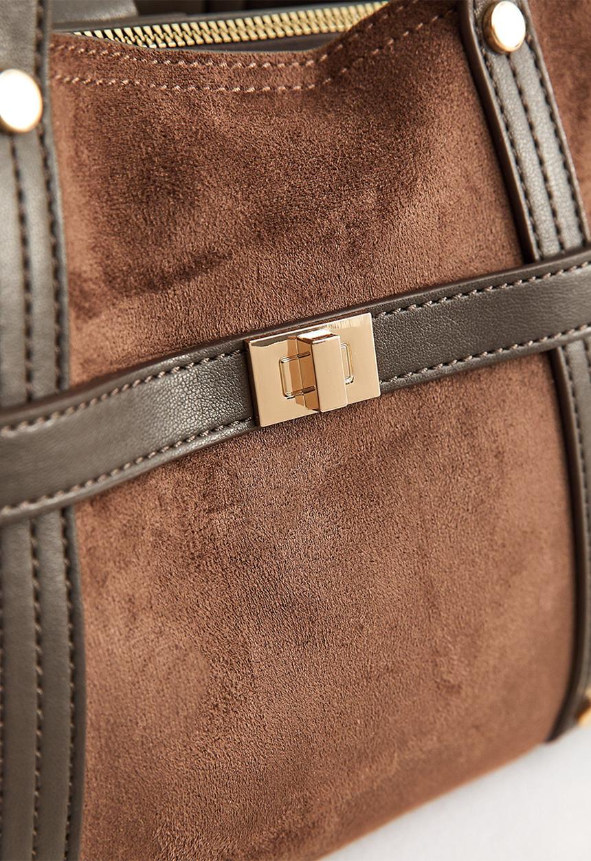 New Look - Faux Suede Triple Compartment Tote Bag - Dark Brown