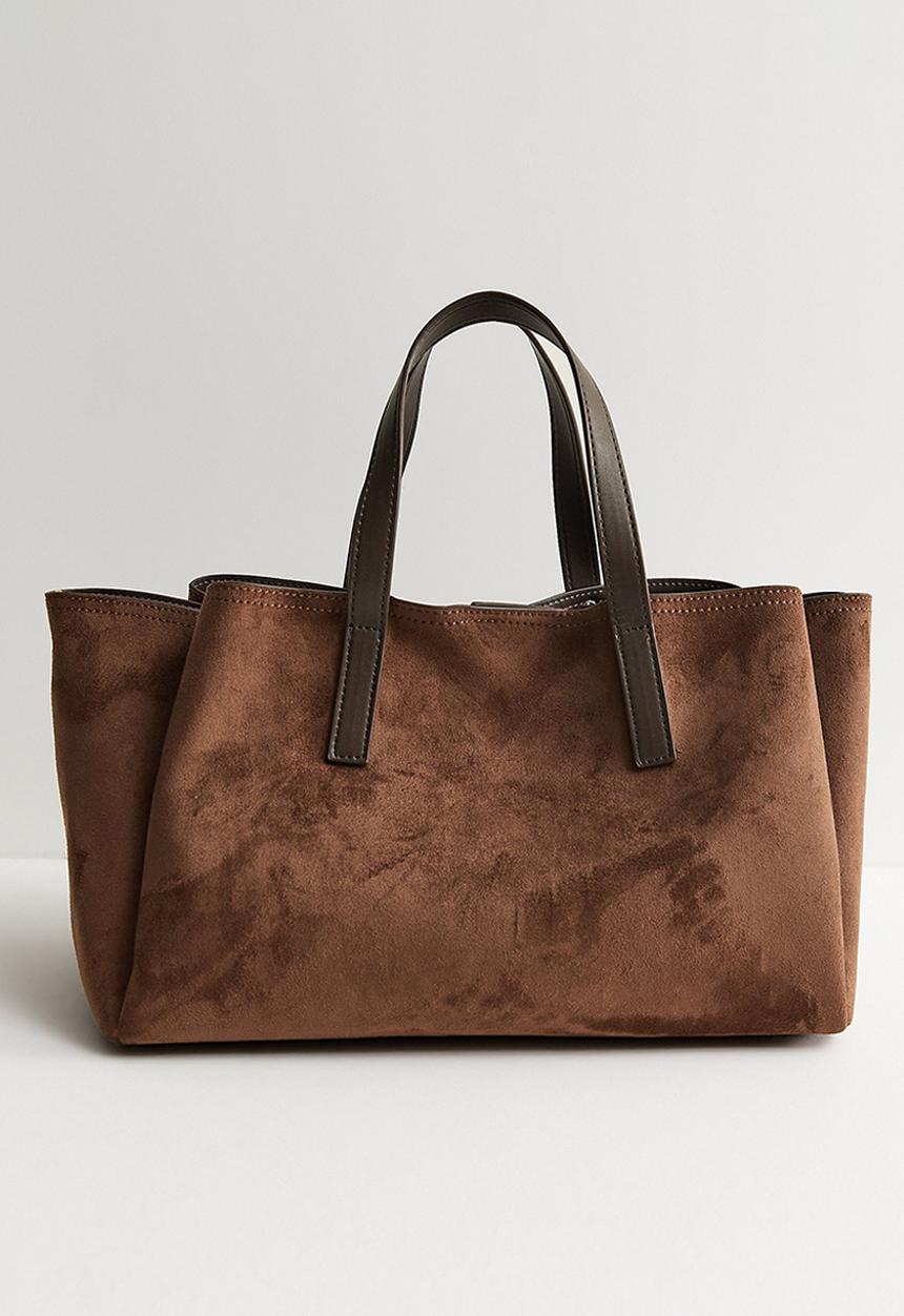 New Look - Faux Suede Triple Compartment Tote Bag - Dark Brown
