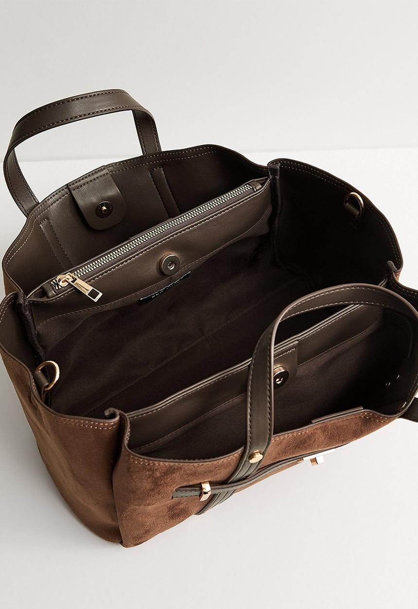New Look - Faux Suede Triple Compartment Tote Bag - Dark Brown