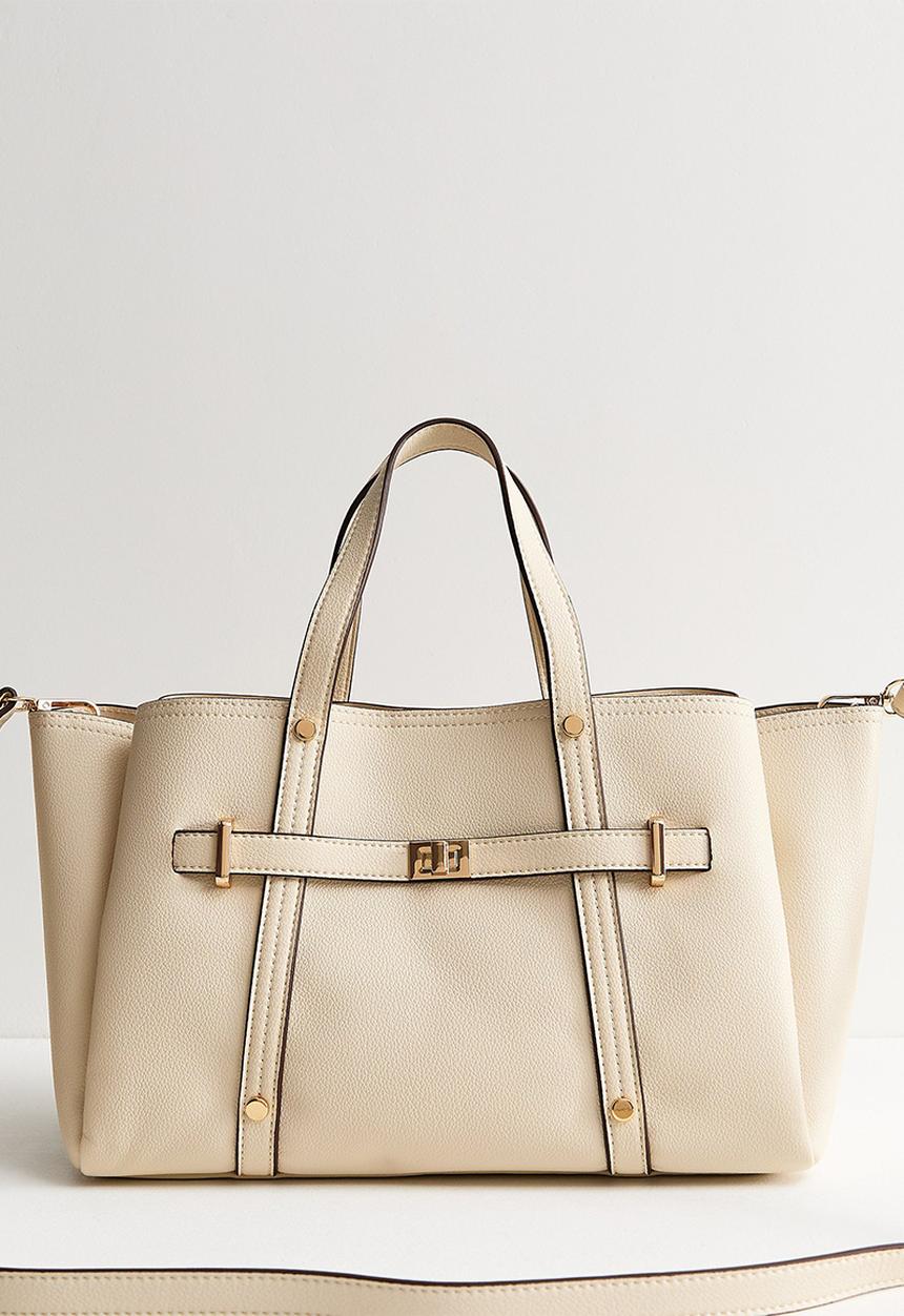 New Look - Faux Leather Triple Compartment Tote Bag - Cream