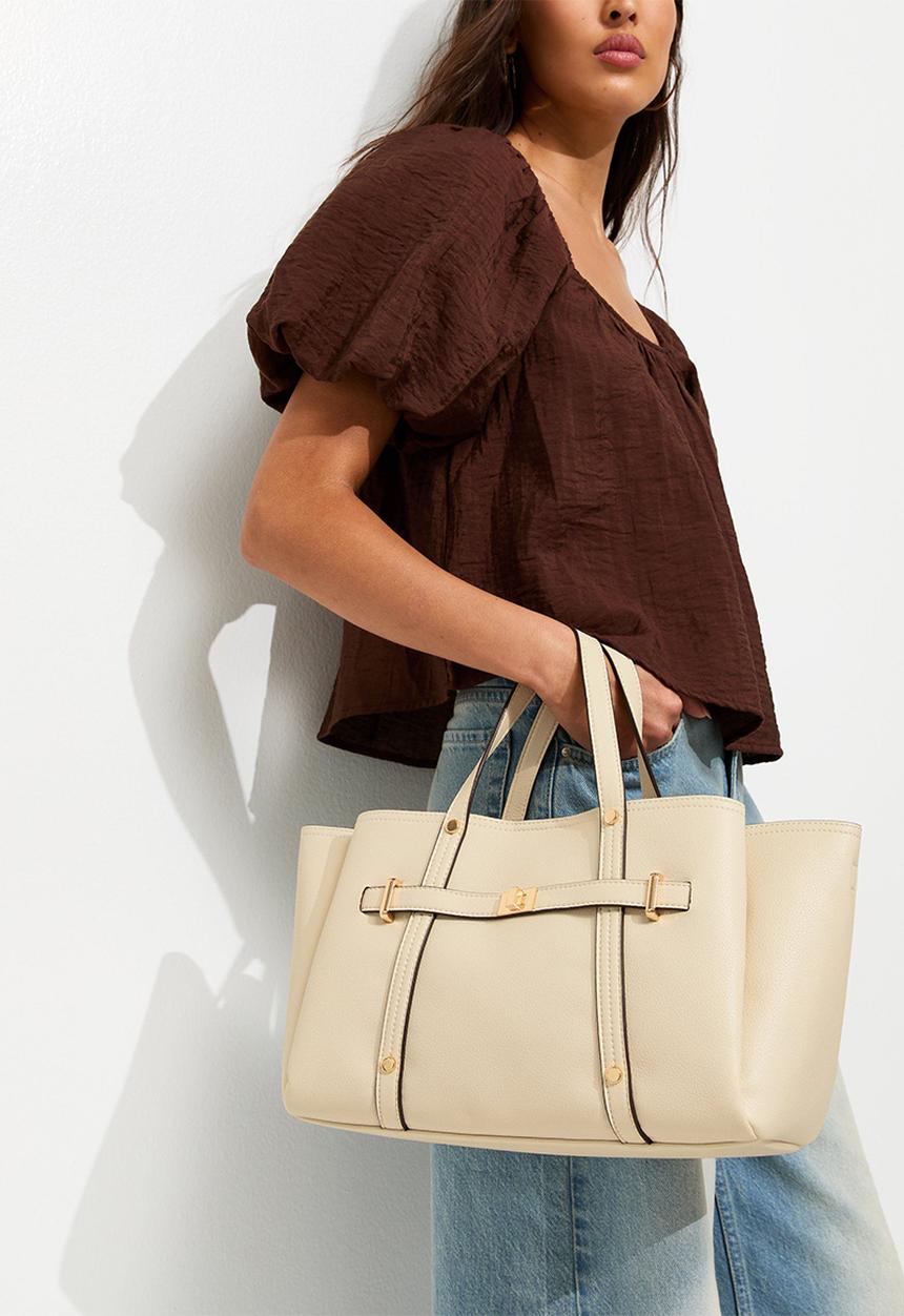 New Look - Faux Leather Triple Compartment Tote Bag - Cream